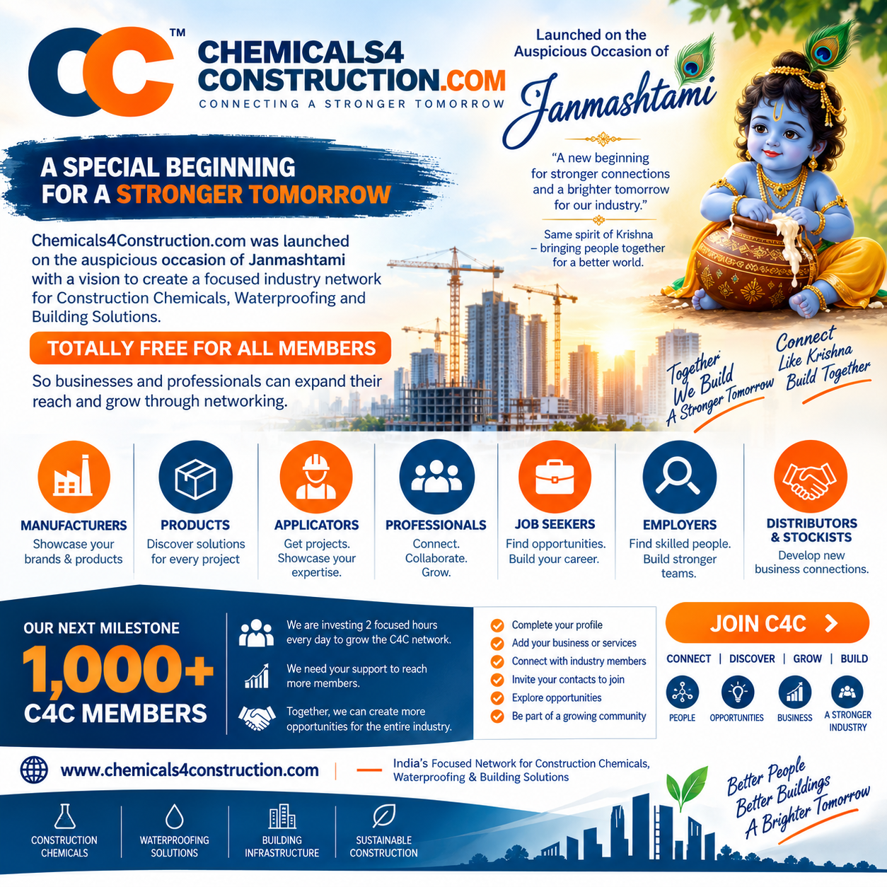 Chemicals4Construction Janmashtami launch announcement and 1,000 plus member milestone